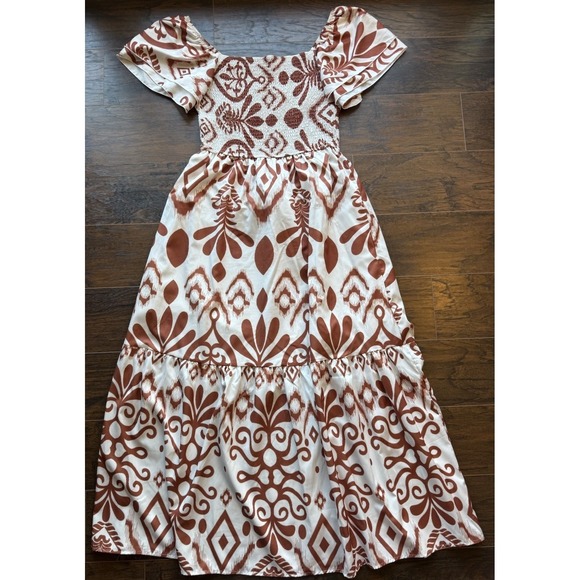 SHEIN Dresses & Skirts - Womens Boho Smocked Midi Dress Puff Sleeve Tribal Print Flowy Summer Large Brown